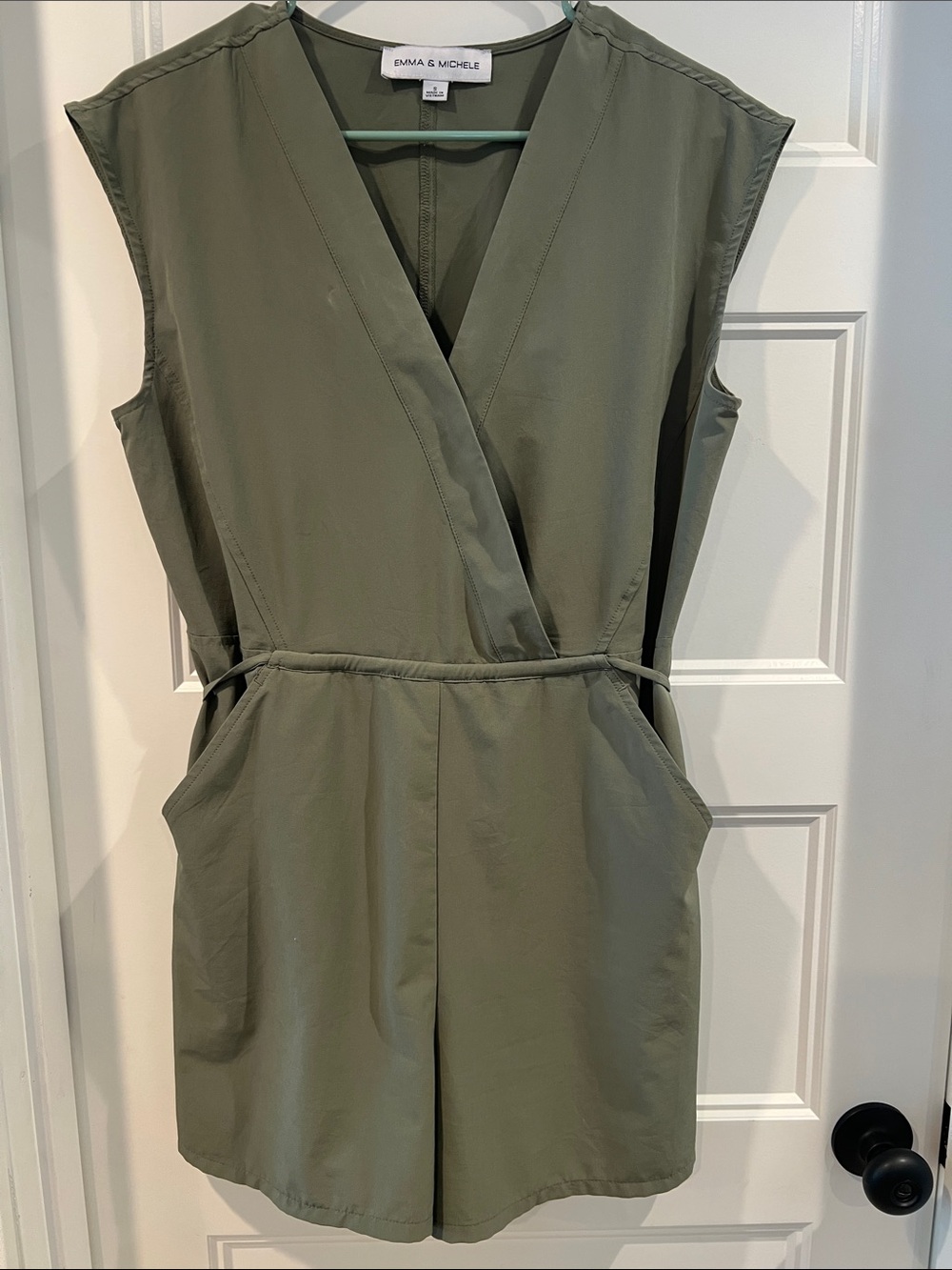 Emma & Michele Olive Green Sleeveless Wrap Romper with Pockets